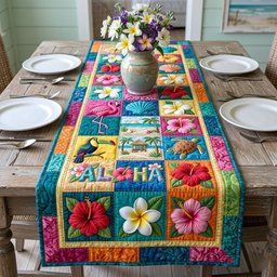 Aloha Blocks with Toucan and Hibiscus Table Runner - Made to Order TABLE928