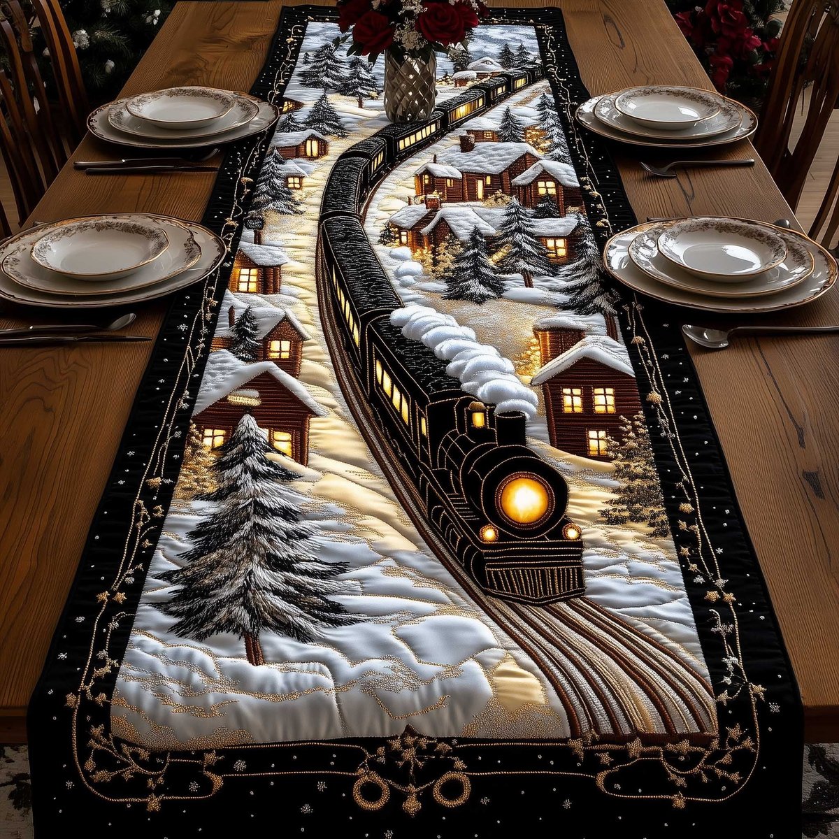 Train Passing Lit Winter Cabins Table Runner - Made to Order TABLE928