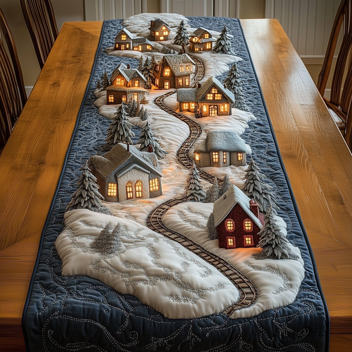 Winter Houses Along Curved Track Table Runner - Made to Order TABLE928