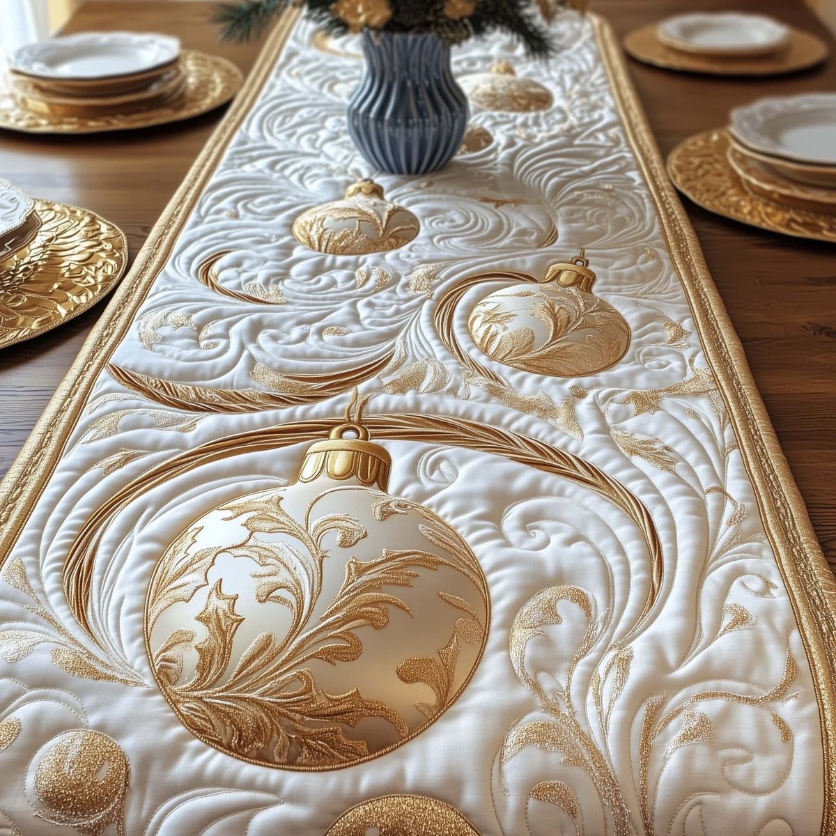 White Quilted Ornament Panel Table Runner - Made to Order TABLE928
