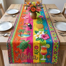 Aloha on Rainbow Stripes Table Runner - Made to Order TABLE928