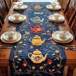 Yellow Teapots on Navy Folk Art Table Runner - Made to Order TABLE928