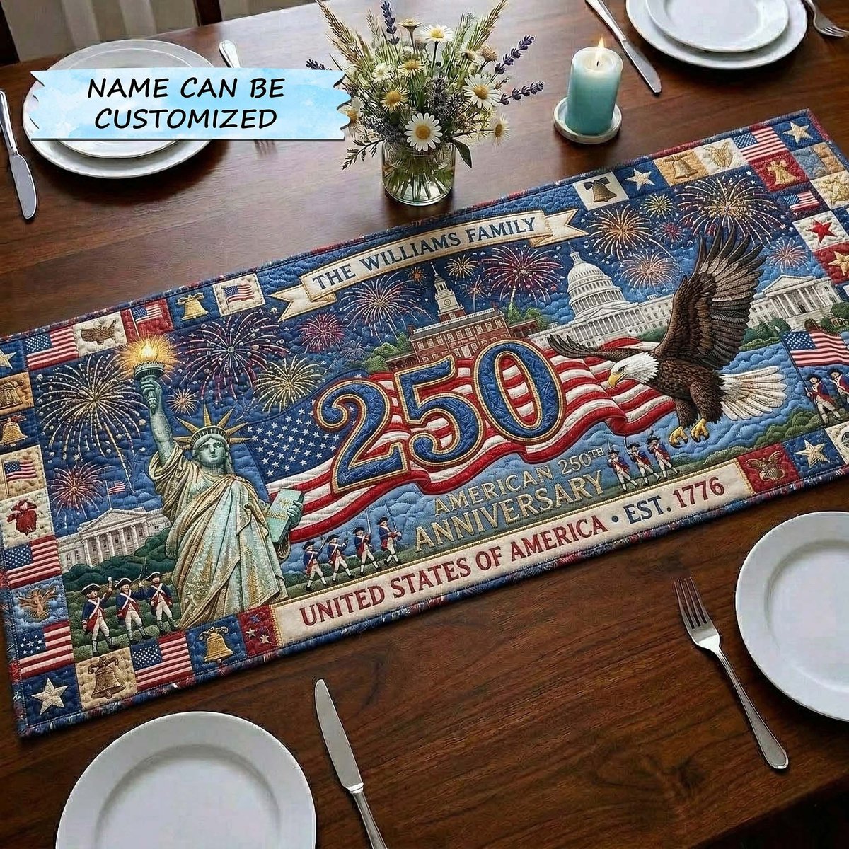 250 Anniversary with Statue of Liberty Table Runner - Made to Order TABLE928