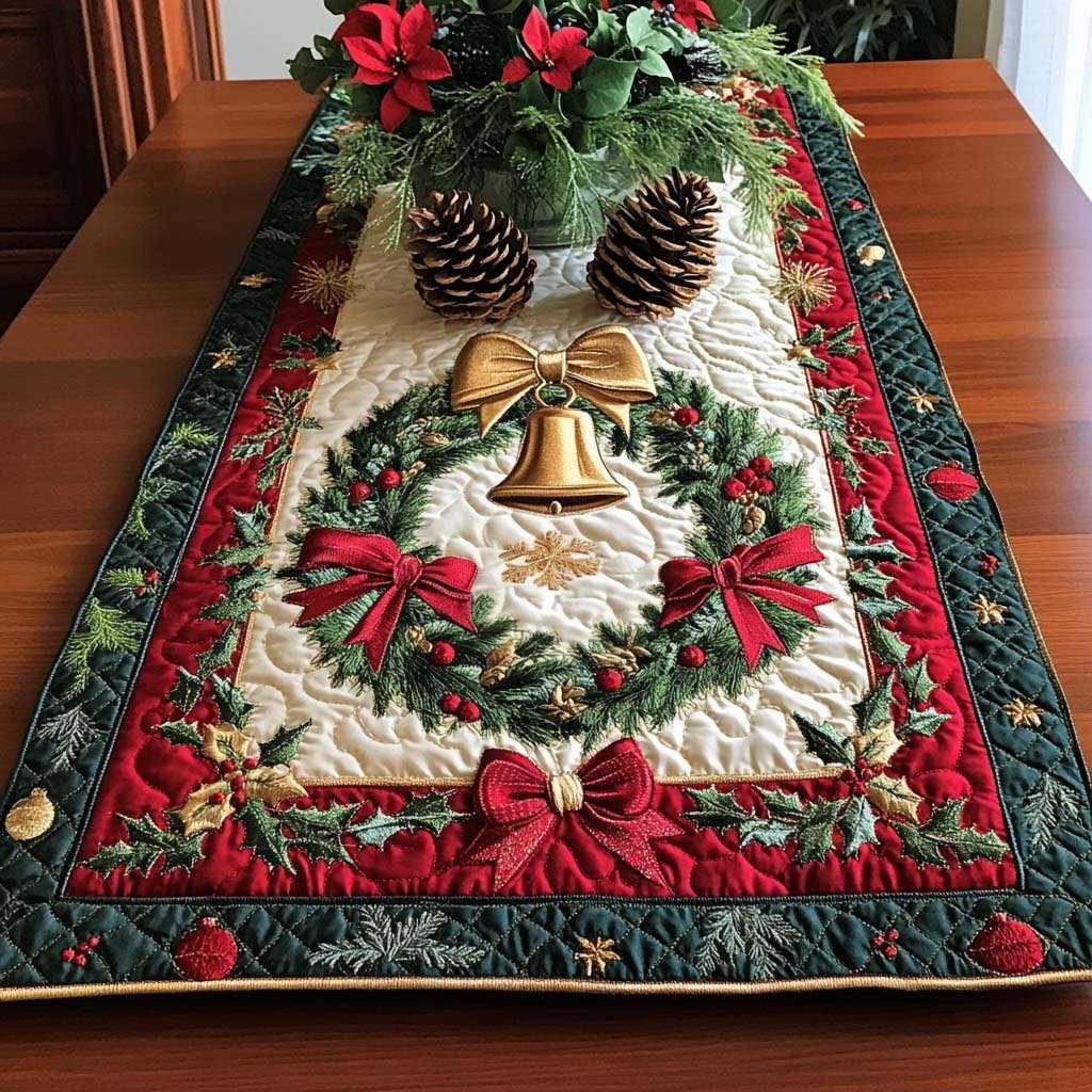 Wreath with Gold Bells and Red Bow Table Runner - Made to Order TABLE928