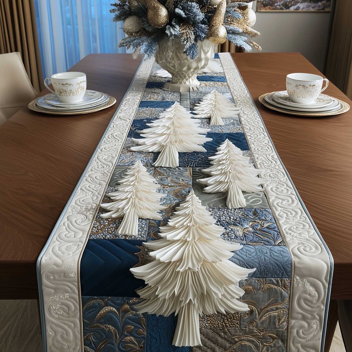 White Trees on Blue Patchwork Table Runner - Made to Order TABLE928