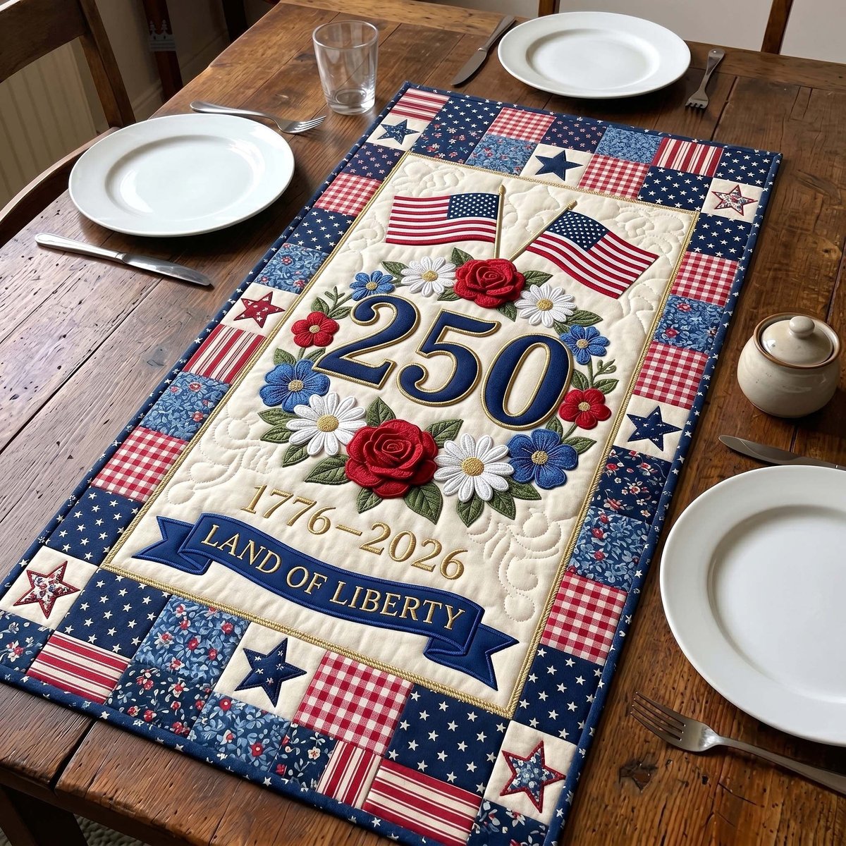 250 Land of Liberty with Flowers Table Runner - Made to Order TABLE928