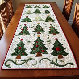 Three Green Trees with Red Baubles Table Runner - Made to Order TABLE928