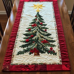 Tree with Red Baubles on Cream Table Runner - Made to Order TABLE928