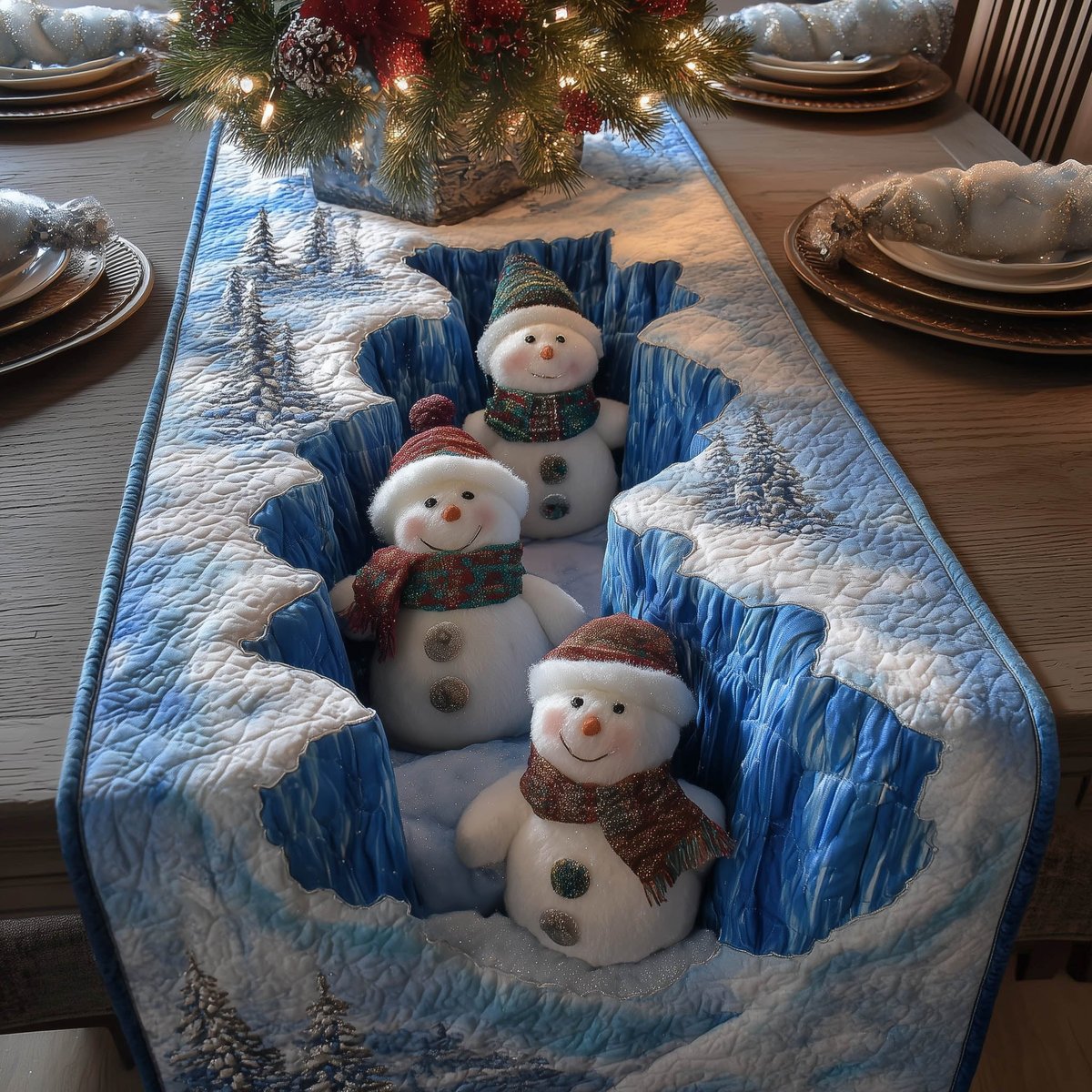 Snowmen in Blue Ice Ravine Table Runner - Made to Order TABLE928