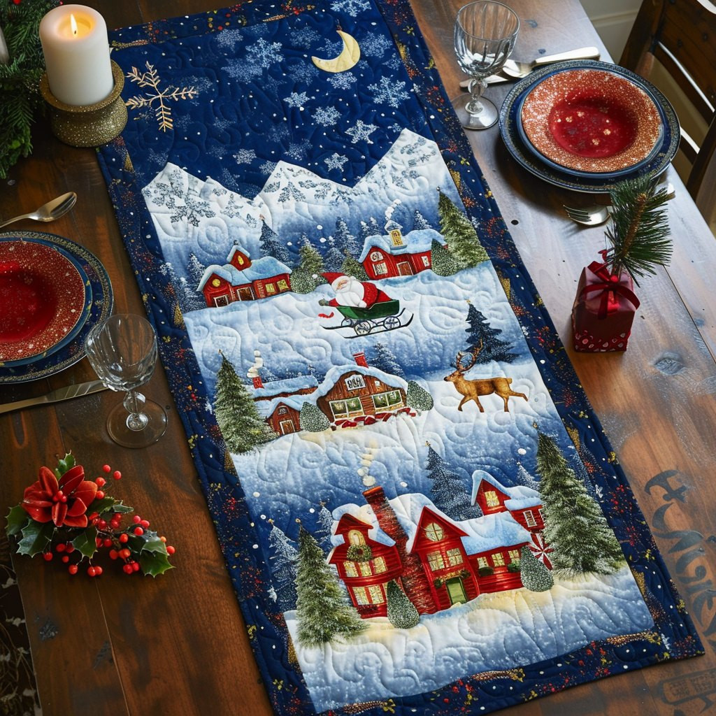 Snowy Village with Red Cottages Table Runner - Made to Order TABLE928