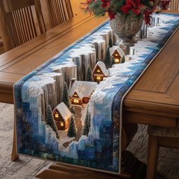 Snowy Houses Along a Frozen River Table Runner - Made to Order TABLE928
