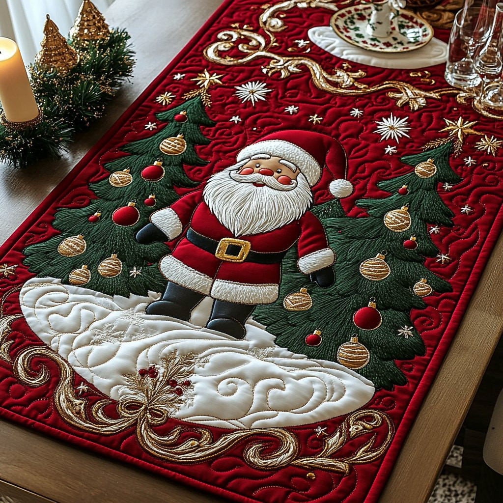 Santa with Christmas Ornaments on Red Table Runner - Made to Order TABLE928