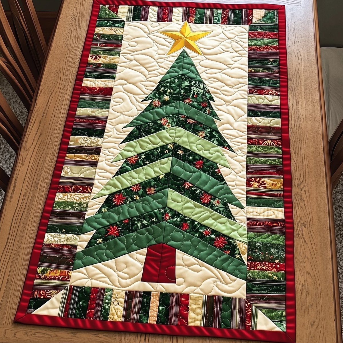Patchwork Strip Tree in Green Prints Table Runner - Made to Order TABLE928