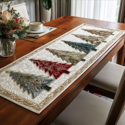 Red and Green Trees on Cream Table Runner - Made to Order TABLE928
