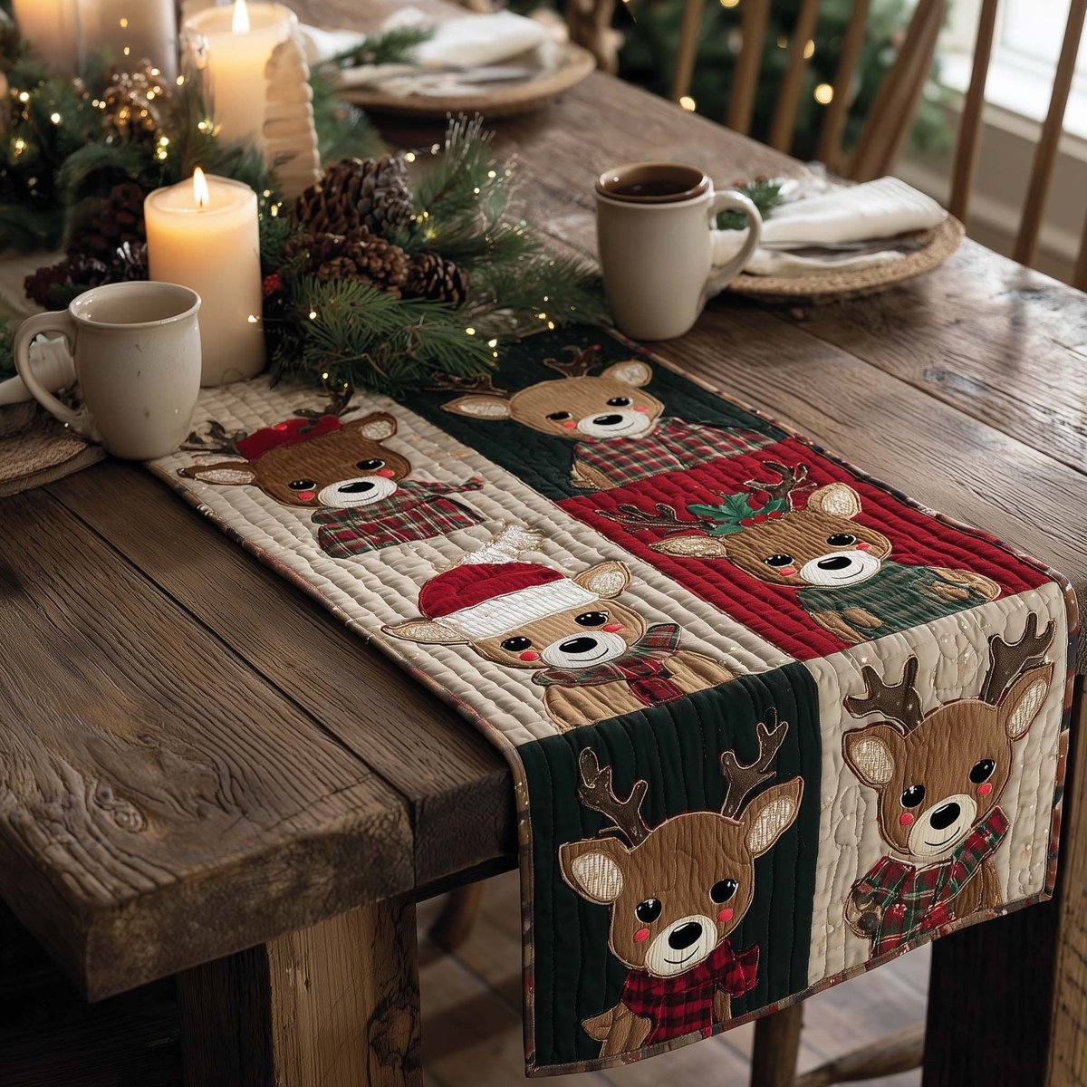 Reindeer Faces on Red Plaid Table Runner - Made to Order TABLE928
