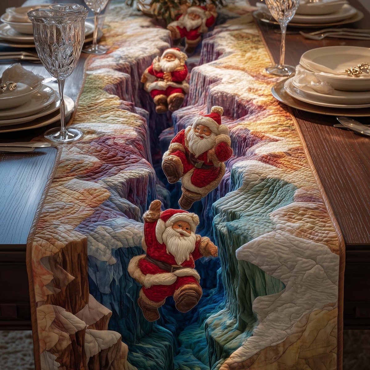 Santa Climbing Icy Blue Slope Table Runner - Made to Order TABLE928