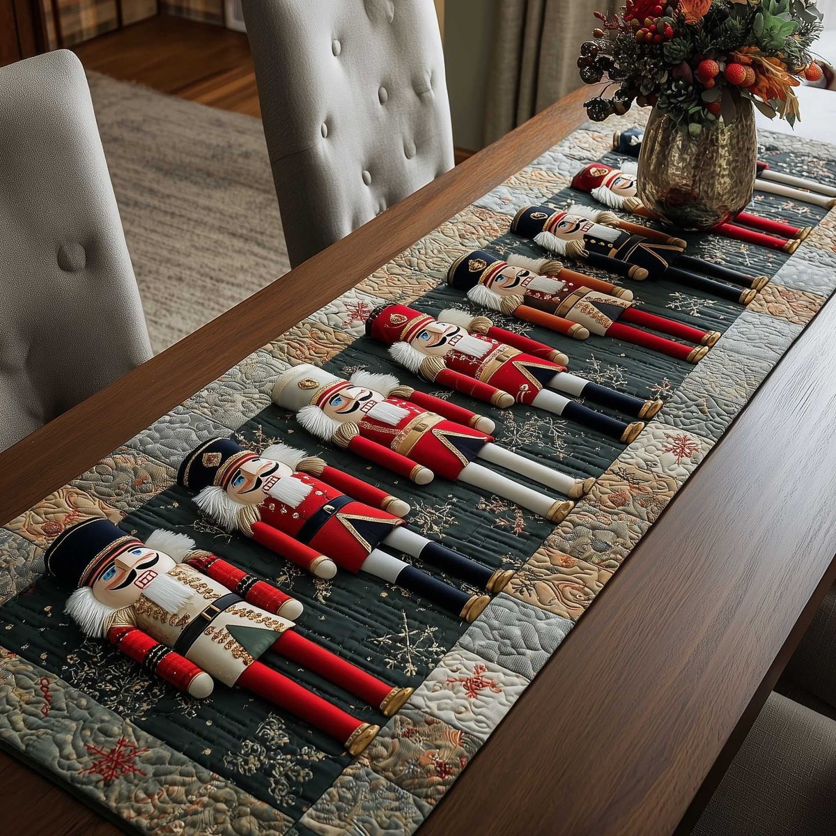 Red Nutcrackers on Green Panel Table Runner - Made to Order TABLE928
