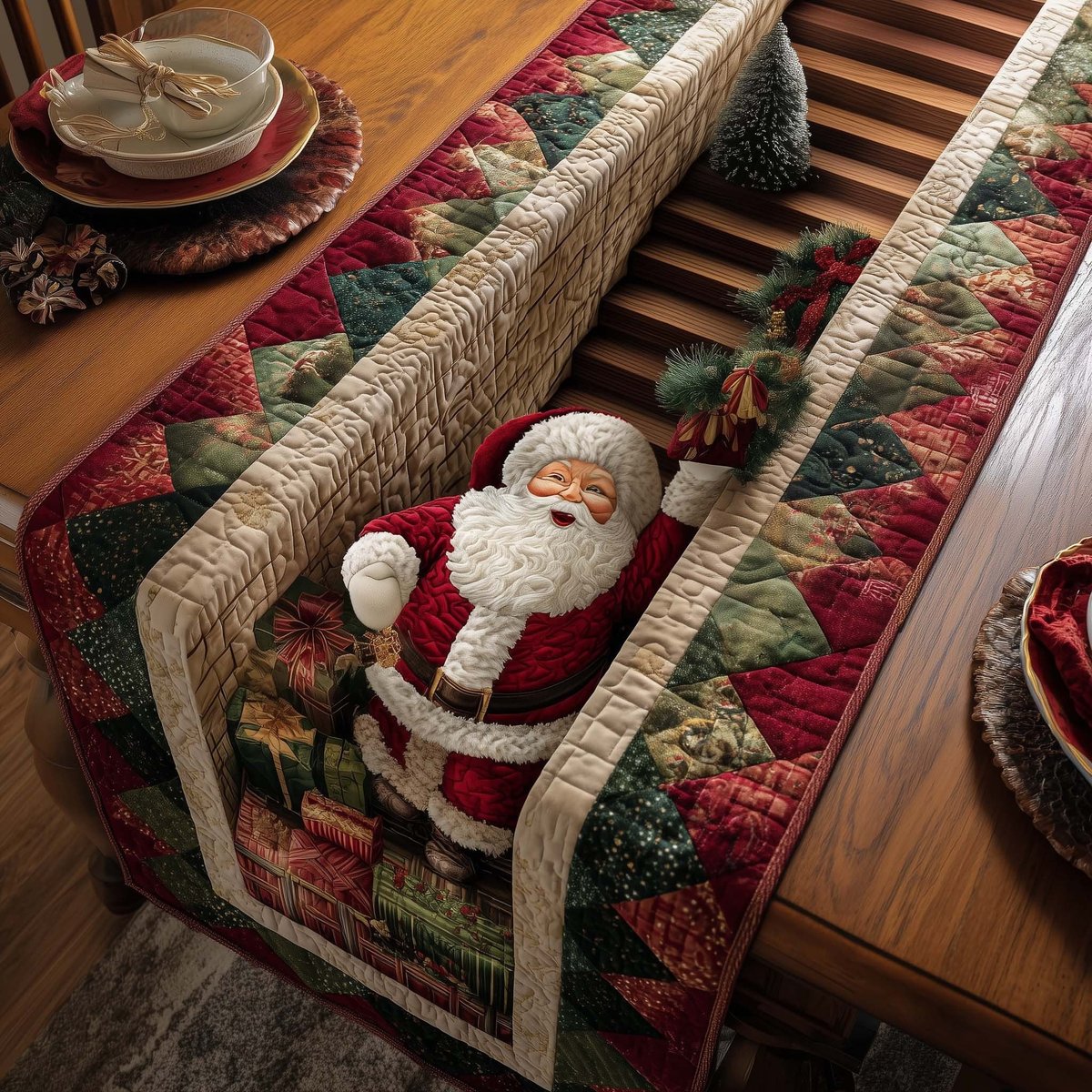 Santa Climbing the Quilted Stairs Table Runner - Made to Order TABLE928