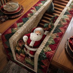 Santa Climbing the Quilted Stairs Table Runner - Made to Order TABLE928
