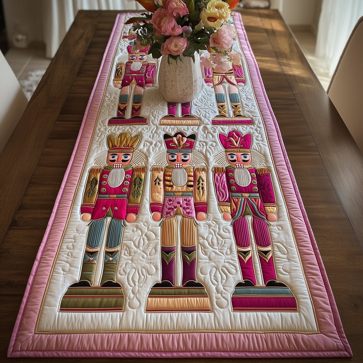 Pink Nutcrackers on White Panel Table Runner - Made to Order TABLE928