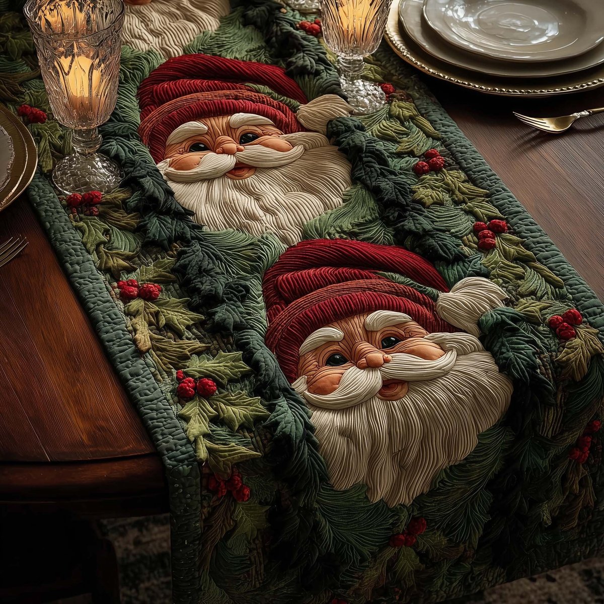 Santa Face on Green Garland Table Runner - Made to Order TABLE928