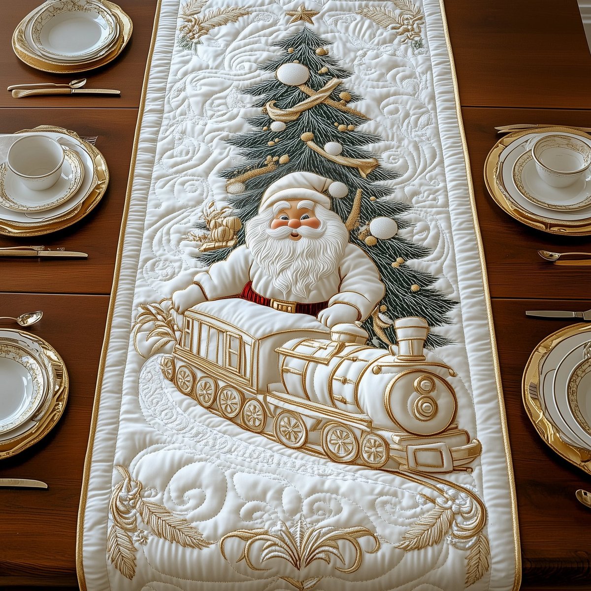 Santa with Train and Christmas Tree Table Runner - Made to Order TABLE928