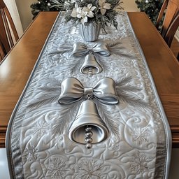 Silver Bells with Ribbon Bow Table Runner - Made to Order TABLE928