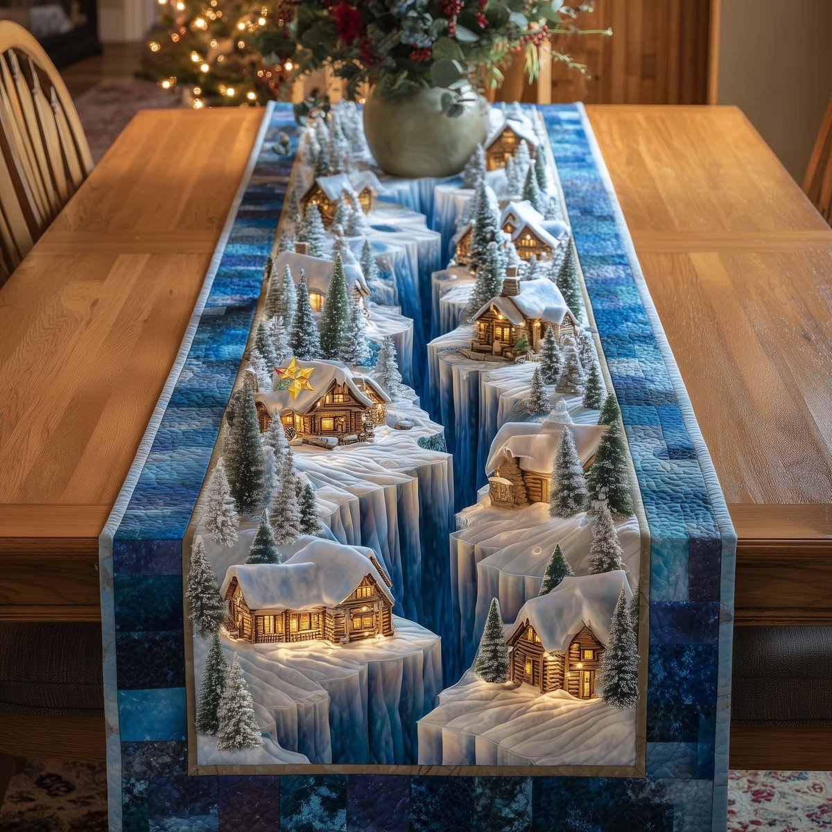 Lit Cabins in a Blue Snowscape Table Runner - Made to Order TABLE928