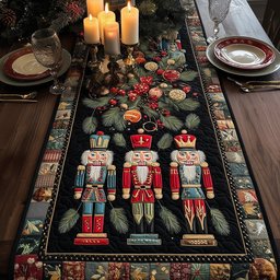 Nutcrackers on Black with Holly Table Runner - Made to Order TABLE928