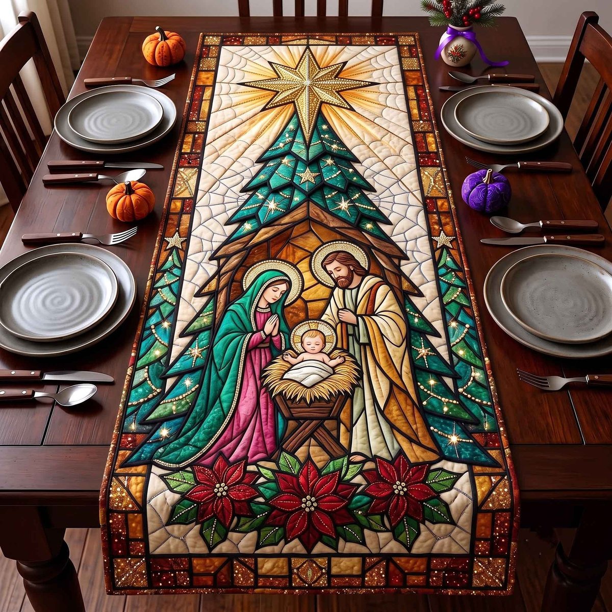 Stained Glass Nativity with Green Trees Table Runner - Made to Order TABLE928