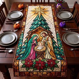 Stained Glass Nativity with Green Trees Table Runner - Made to Order TABLE928