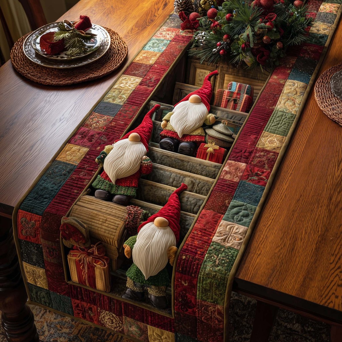 Row of Gnomes on Patchwork Table Runner - Made to Order TABLE928