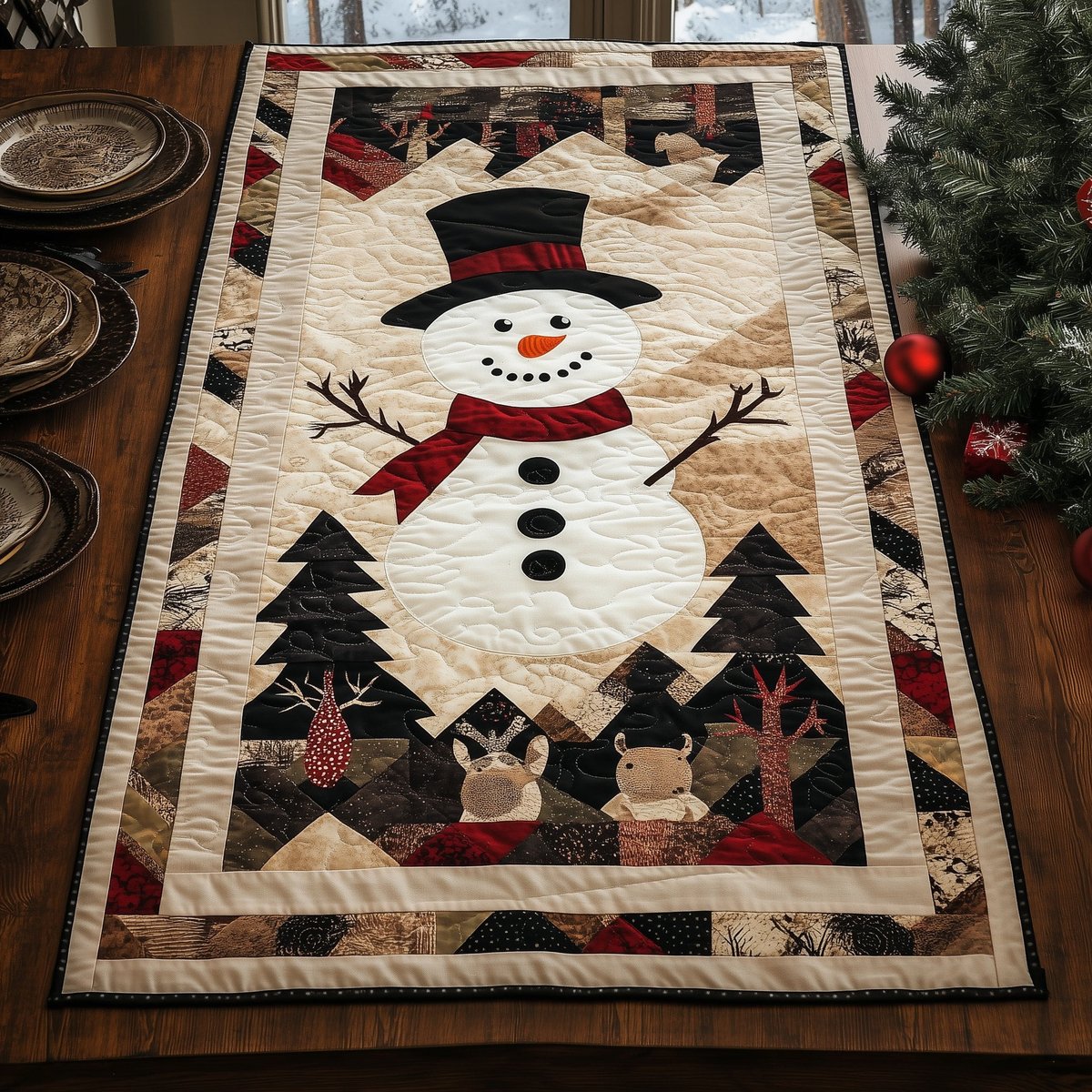 Snowman with Pine Trees and Red Border Table Runner - Made to Order TABLE928