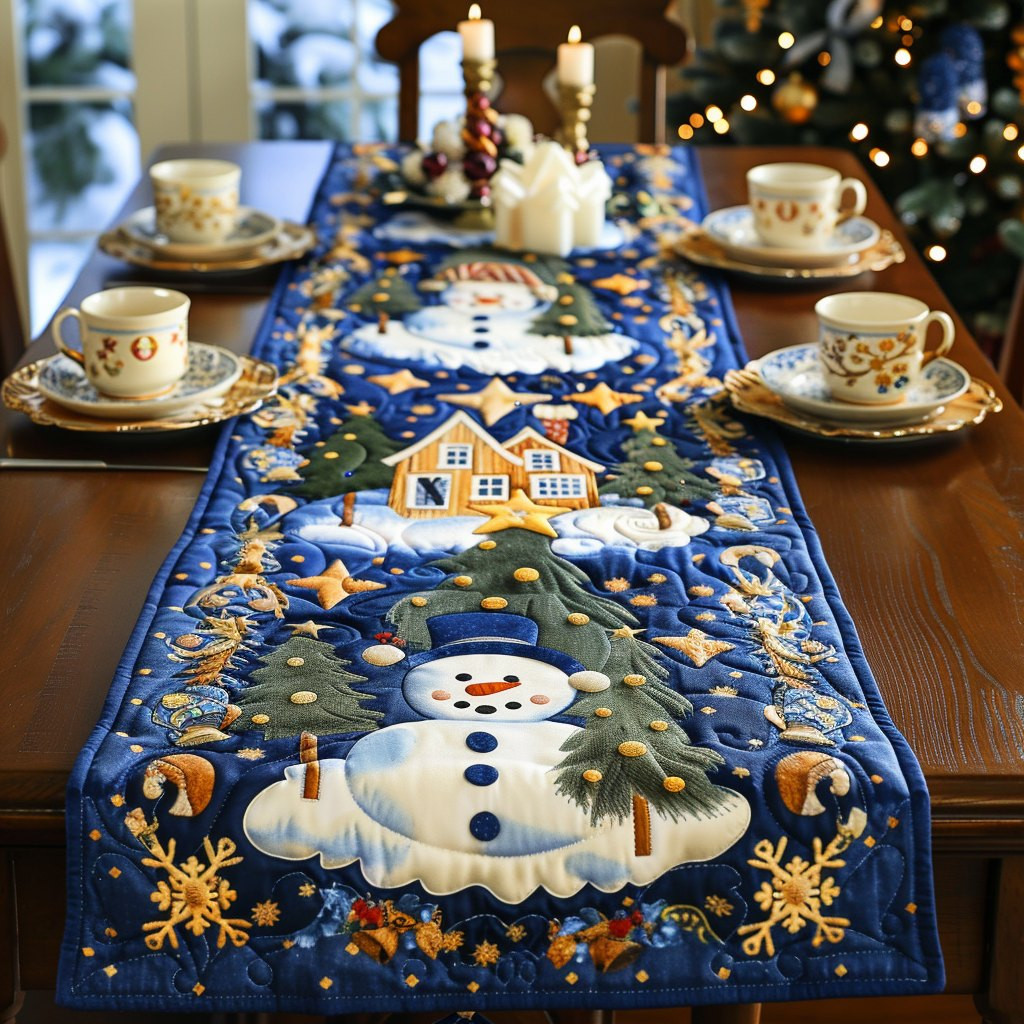 Snowmen and Cottages on Blue Table Runner - Made to Order TABLE928