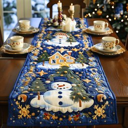 Snowmen and Cottages on Blue Table Runner - Made to Order TABLE928
