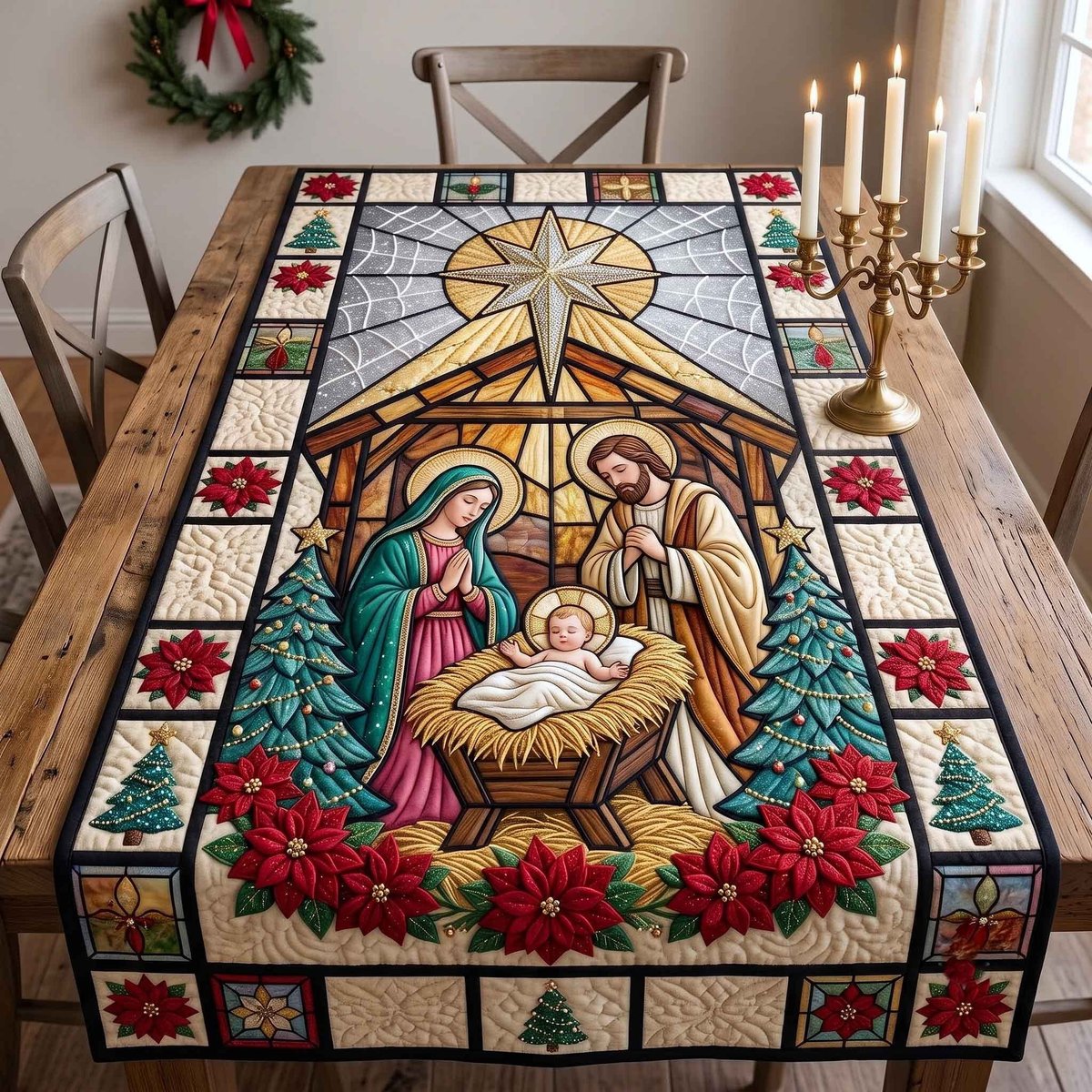 Stained Glass Nativity with Poinsettias Table Runner - Made to Order TABLE928
