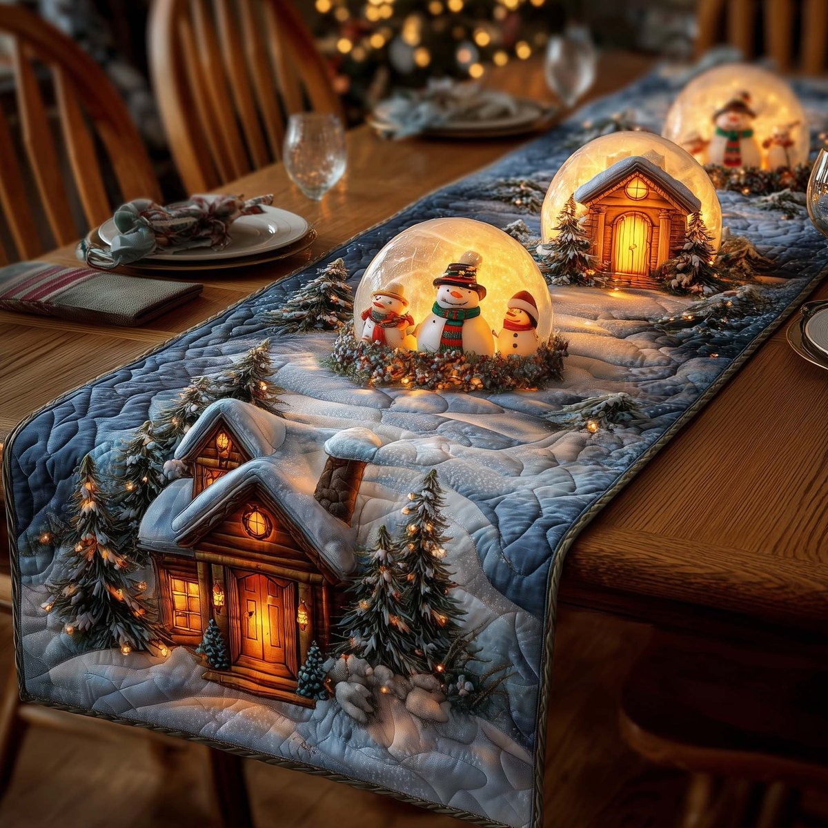 Snow Globes Above a Log Cabin Table Runner - Made to Order TABLE928