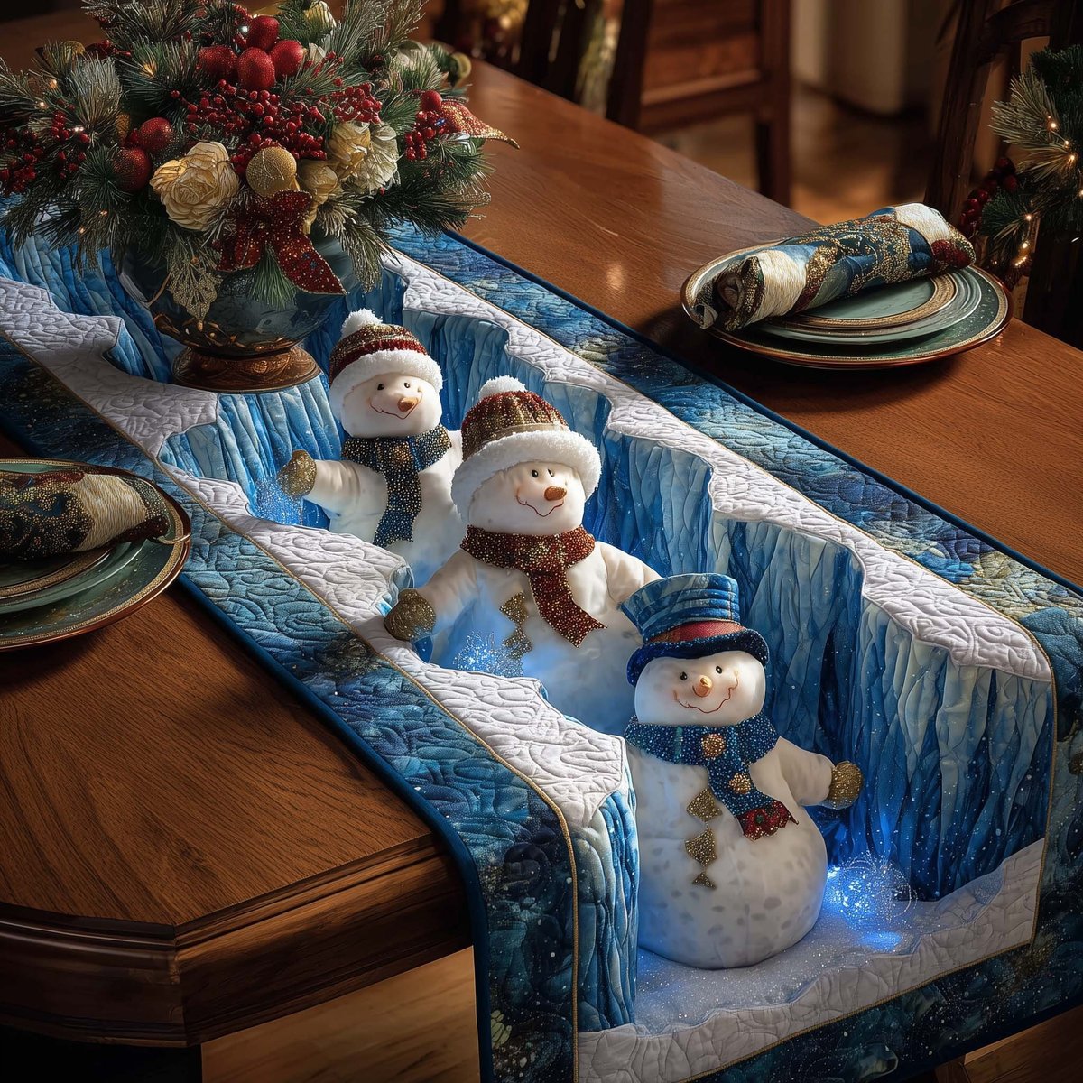 Snowmen in Blue Hats Table Runner - Made to Order TABLE928