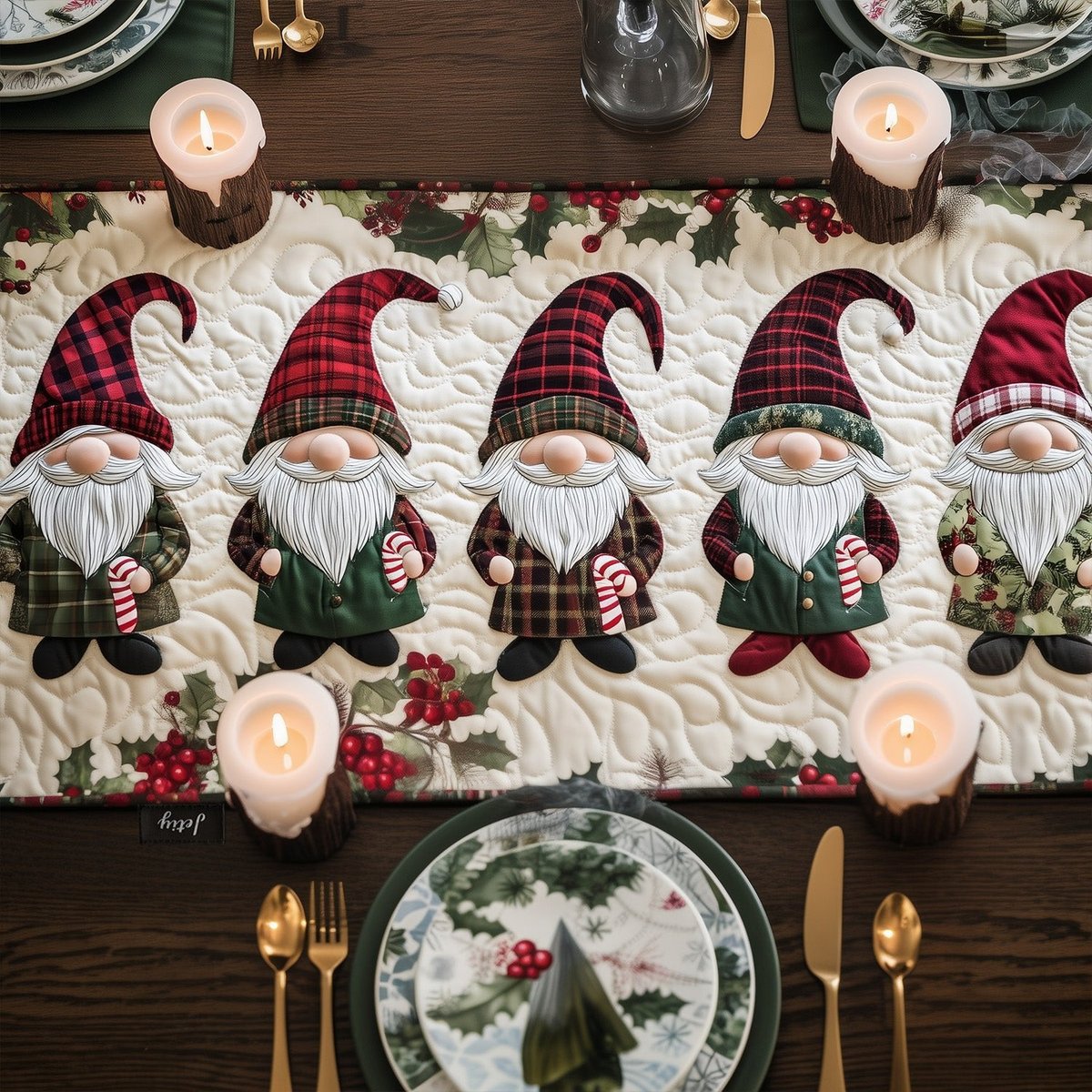 Row of Gnomes in Red Hats Table Runner - Made to Order TABLE928