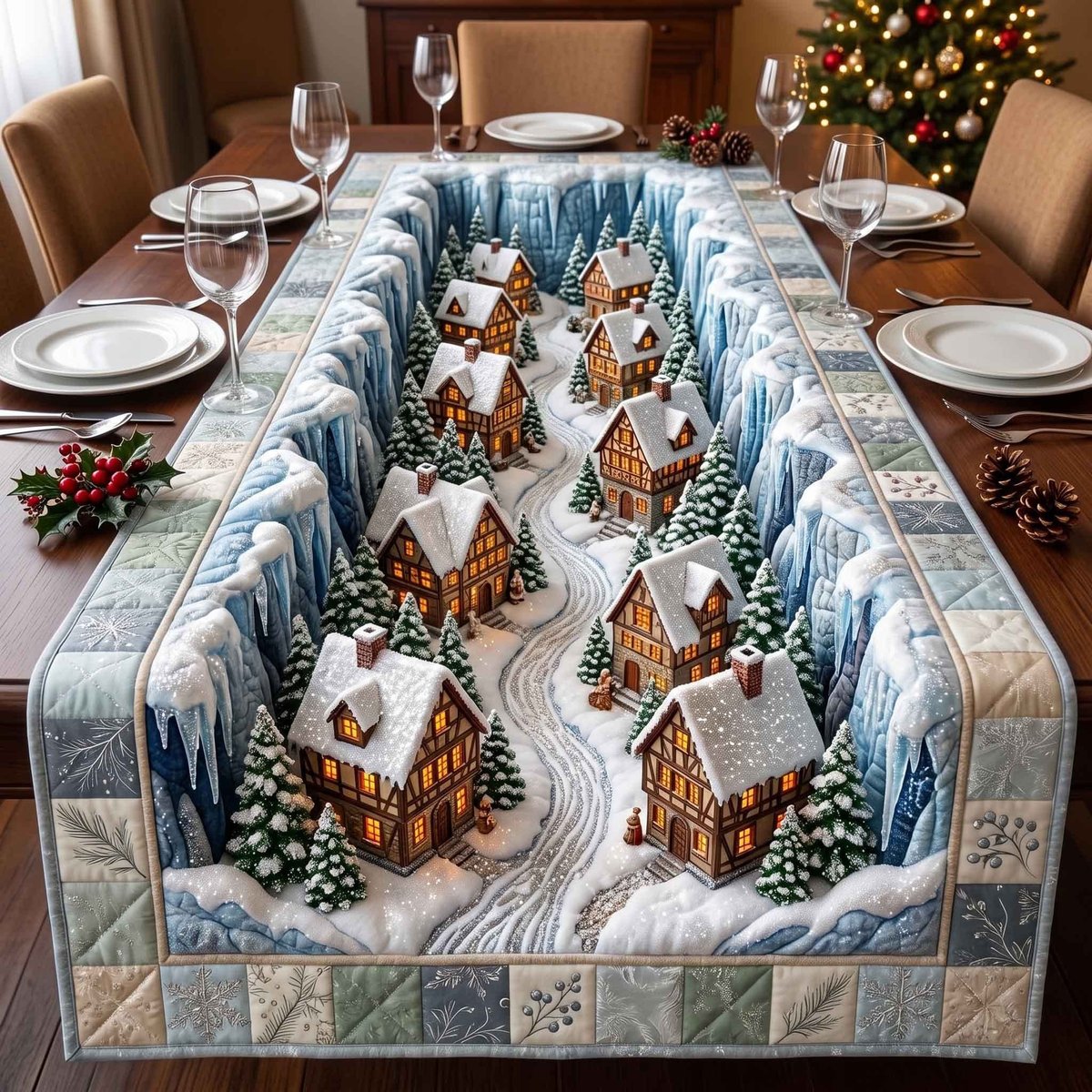 Snow Covered Cottages and Pines Table Runner - Made to Order TABLE928