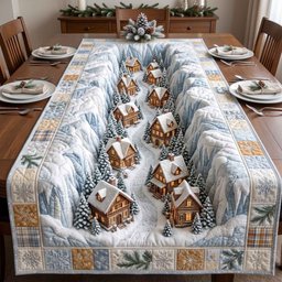 Snowy Gingerbread Village in Blue Table Runner - Made to Order TABLE928