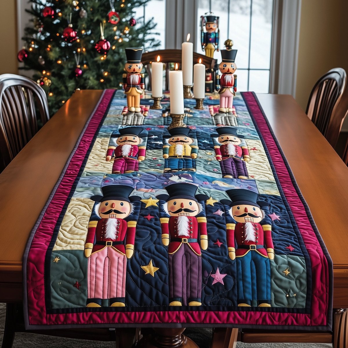 Nutcrackers on Pink Star Border Table Runner - Made to Order TABLE928