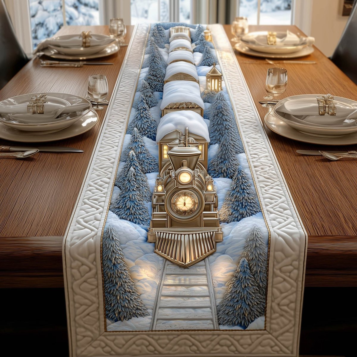 Locomotive Facing Down Snowy Rails Table Runner - Made to Order TABLE928