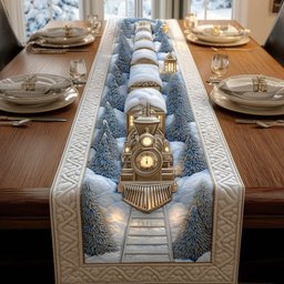 Locomotive Facing Down Snowy Rails Table Runner - Made to Order TABLE928