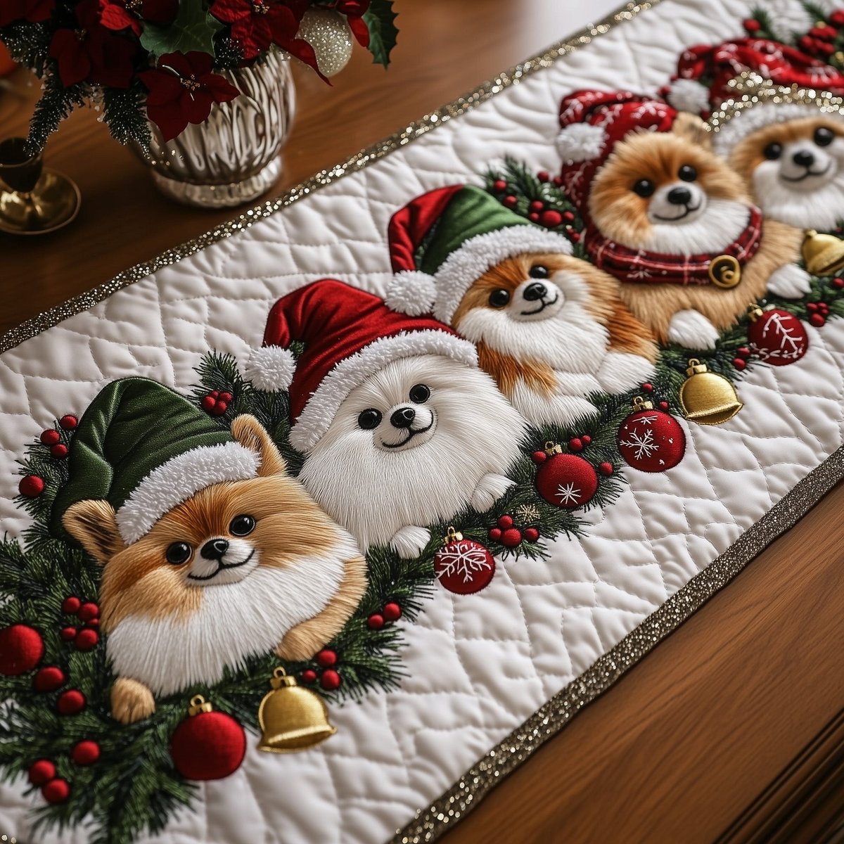 Jolly Pomeranian Pomeranians in Santa Hats Table Runner - Made to Order TABLE928