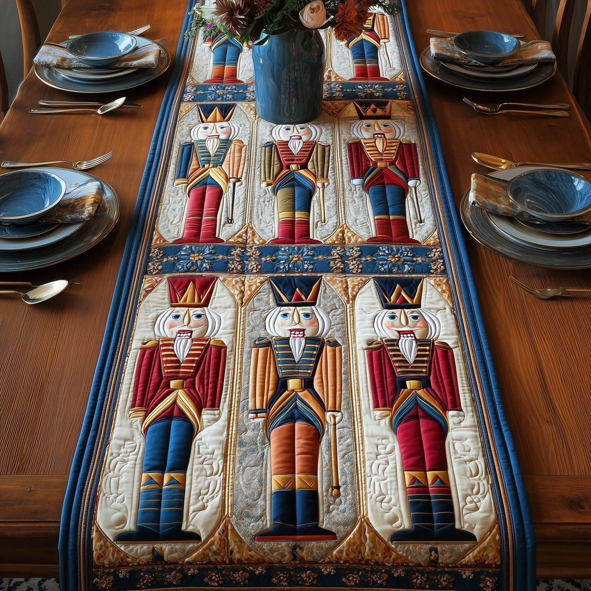 Nutcrackers on Blue and Cream Table Runner - Made to Order TABLE928