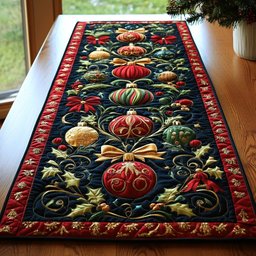 Red and Gold Ornaments on Black Table Runner - Made to Order TABLE928