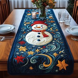 Snowman on Navy with Gold Stars Table Runner - Made to Order TABLE928