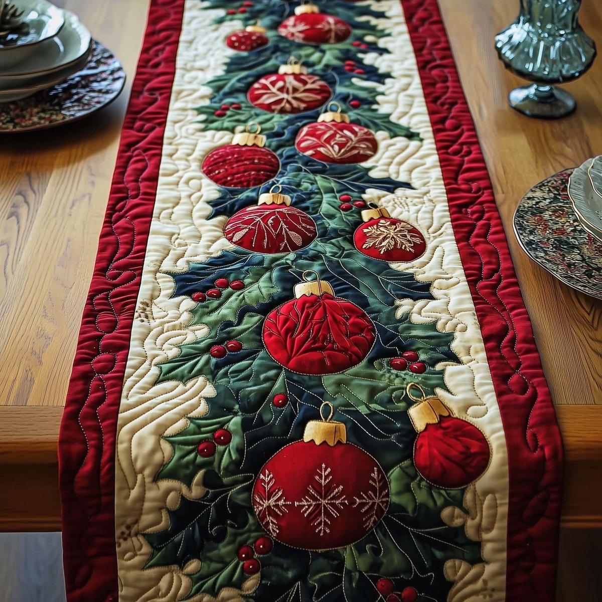 Red Baubles on Cream Center Table Runner - Made to Order TABLE928
