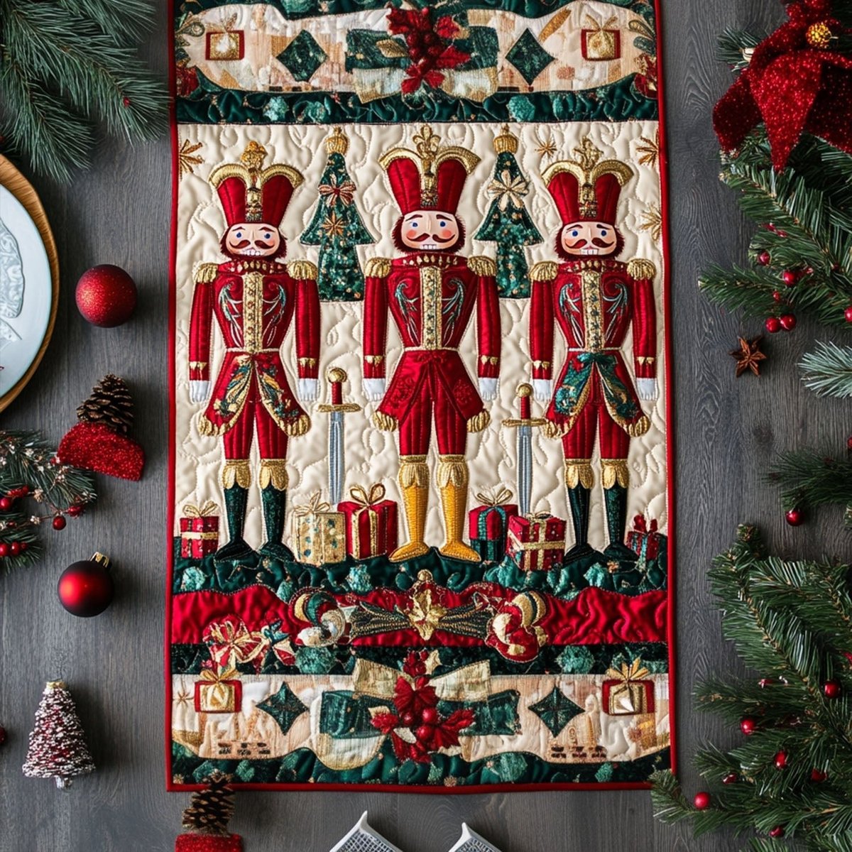 Red Nutcrackers with Holly Table Runner - Made to Order TABLE928